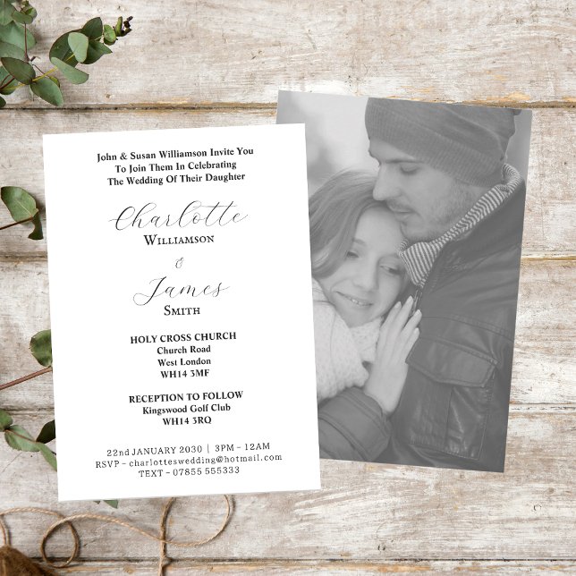 Elegant Script Black And White Photo Wedding Invitation (Front And Back)