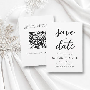 Elegant Script Black and White QR Code Wedding Save The Date