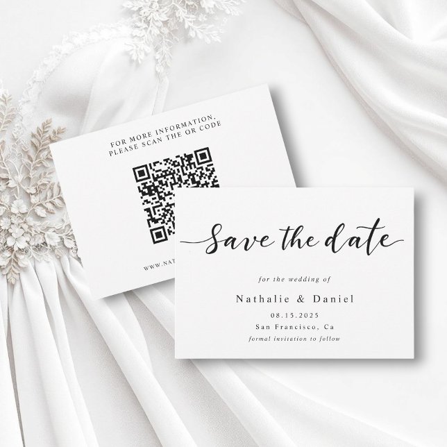 Elegant Script Black and White QR Code Wedding Save The Date (Creator Uploaded)