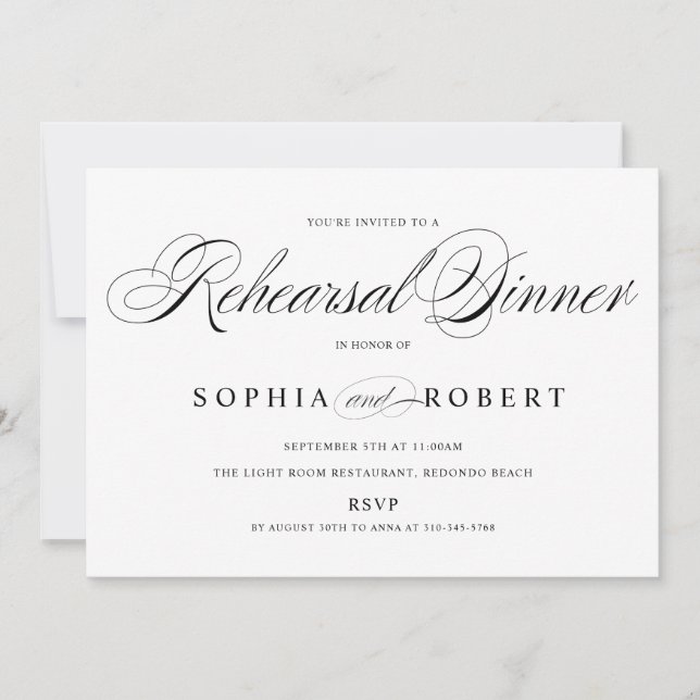 Elegant Script Black and White Rehearsal Dinner Invitation (Front)