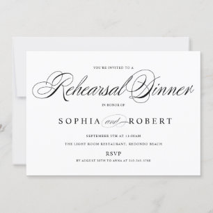 Elegant Script Black and White Rehearsal Dinner Invitation