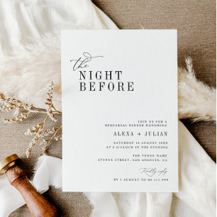 elegant script black and white rehearsal dinner invitation