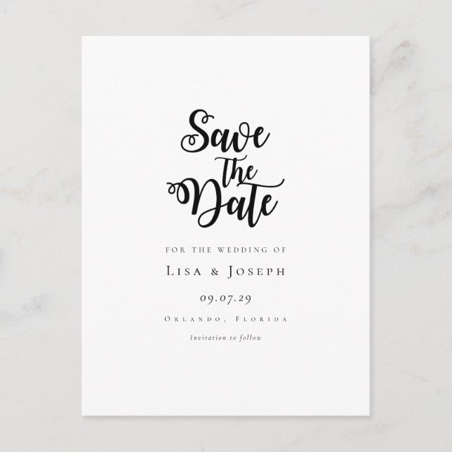 Elegant Script Black and White Save the Date Announcement Postcard (Front)