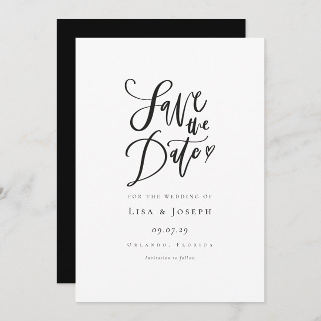 Elegant Script Black and White Save the Date Invitation (Front/Back)