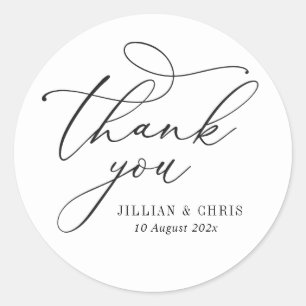 elegant script black and white wedding classic round sticker