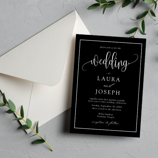 Elegant Script Black and White Wedding Invitation (Elegant script black and white wedding invitation sets a timeless romantic tone with your details)