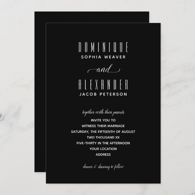 Élégant Script Black and White Wedding Invitations (Devant / Derrière)