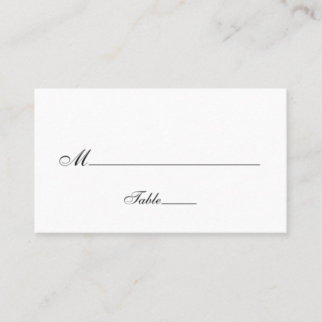 Elegant Script Black and White Wedding Place Card (Front)