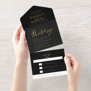 Elegant Script Black Calligraphy Wedding Foil All In One Invitation