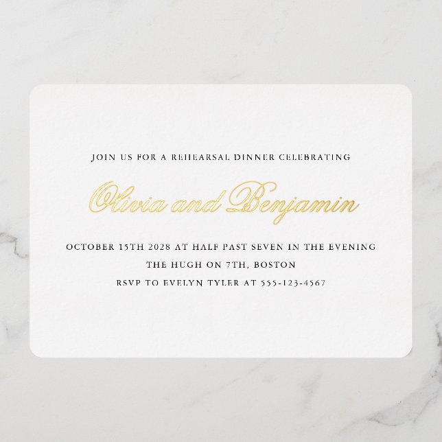 Elegant Script Black Formal Rehearsal Dinner Gold (Front)