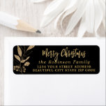 Elegant Script Black Gold Christmas Return Address<br><div class="desc">Modern Elegant Script Black and Gold Family Name Christmas Return Address Labels. Featuring a pretty hand-written calligraphy font script with saying "Merry Christmas",  faux gold foil botanical leaves on black background. Great for Christmas holiday season,  easy to personalize them with your names and return address info.</div>