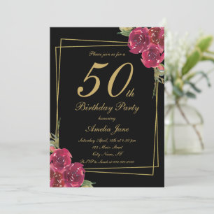 Elegant Script Black Gold Floral 50th Birthday Invitation