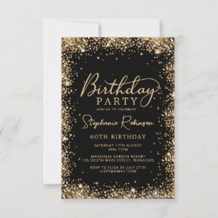 Elegant Script Black Gold Glitter 60th Birthday Invitation