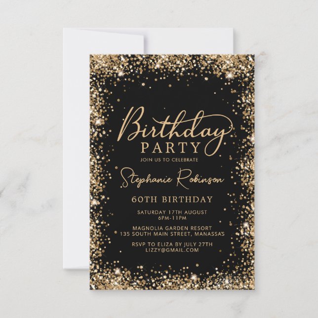 Elegant Script Black Gold Glitter 60th Birthday Invitation (Front)