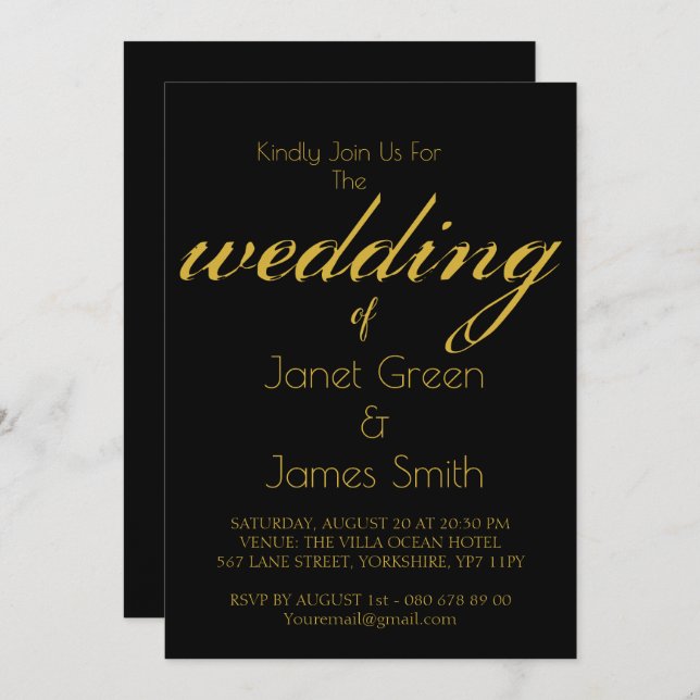Elegant Script Black & Gold  Invitation (Front/Back)