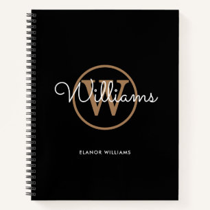 Elegant Script Black Gold Monogram Name Notebook