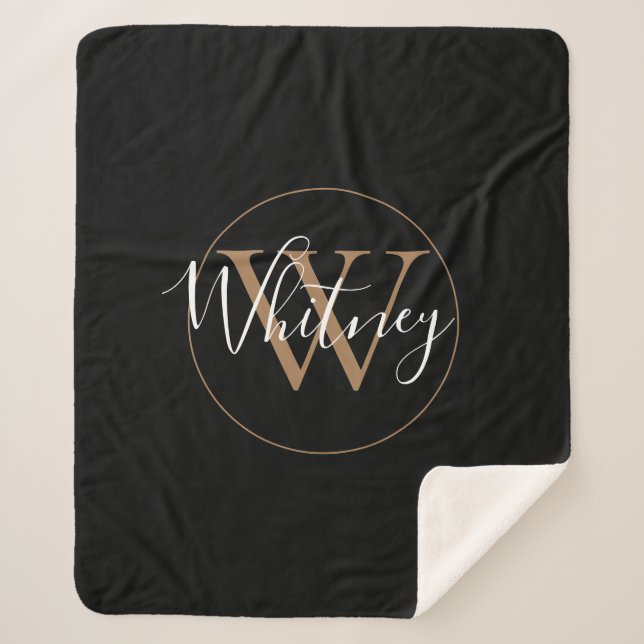 Elegant Script Black Gold Monogram Sherpa Blanket (Front)