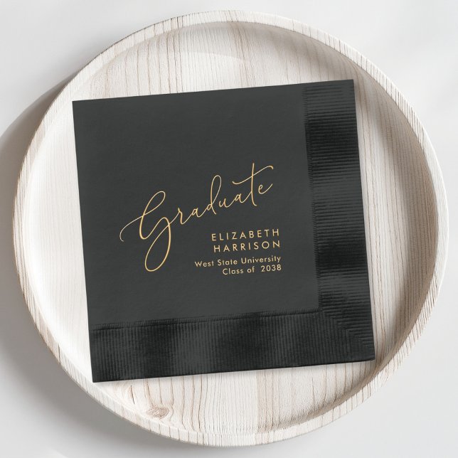 Élégant Script Black Graduation Party (Elevate your graduation party decor with these classic and elegant black and gold foil napkins)
