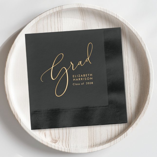 Élégant Script Black Graduation Party (Elevate your graduation party decor with these classic and elegant black and gold foil napkins)