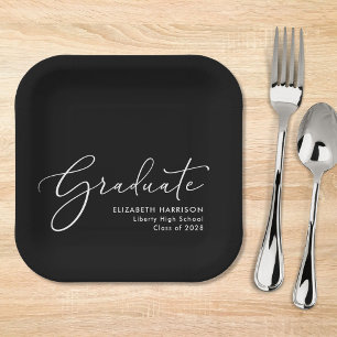Elegant Script Black Graduation Party Paper Plate