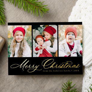 Elegant Script Black Merry Christmas 3 Photo Foil Holiday Card