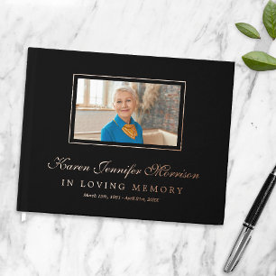 Elegant Script Black Photo In Loving Memory Guest Book