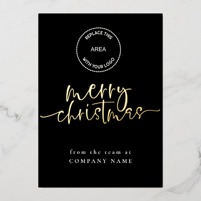 Elegant Script Black QR code Logo Merry Christmas Foil Holiday Card (Front)