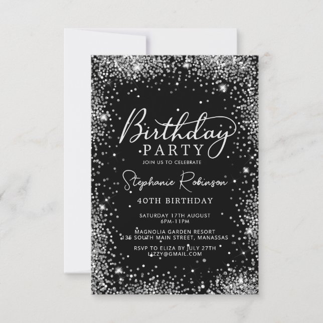 Elegant Script Black Silver Glitter 40th Birthday Invitation (Front)