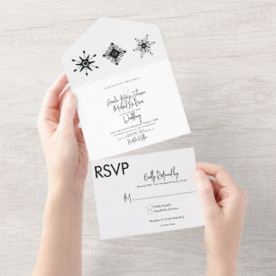 Elegant Script Black Snowflakes Christmas Wedding All In One Invitation