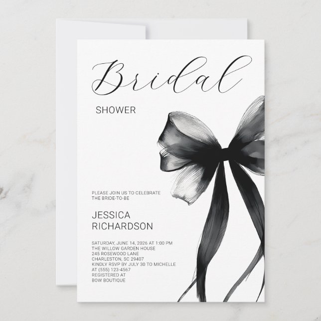 Elegant Script Black Watercolor Bow  Bridal Shower Invitation (Front)