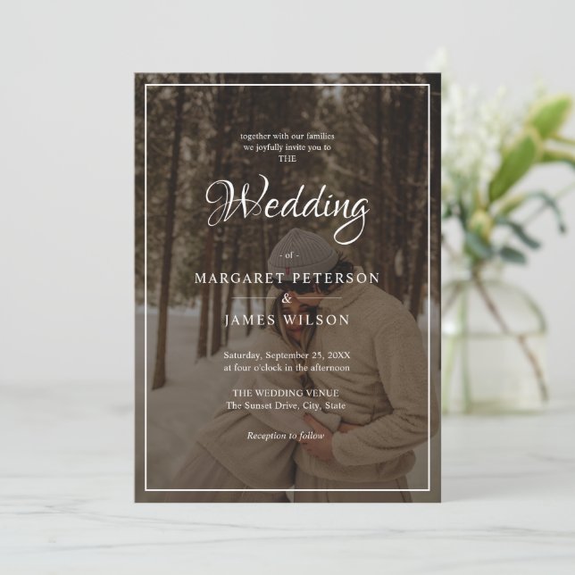 Elegant Script Black & White Border Photo Wedding Invitation (Standing Front)