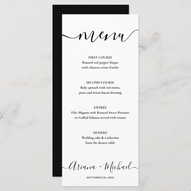 Elegant Script Black white Customizable Wedding  Menu (Front/Back)