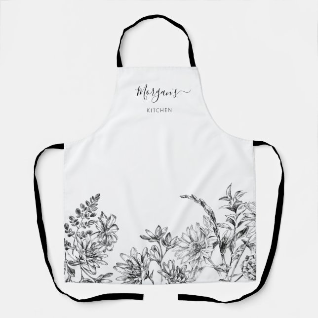 Elegant Script Black White Floral Wine Apron (Front)