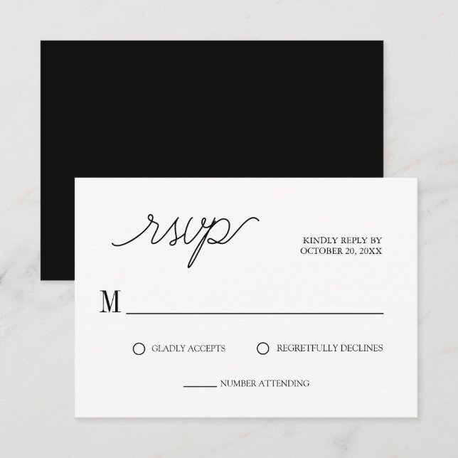 Elegant Script Black & White Minimal Wedding RSVP Card (Front/Back)
