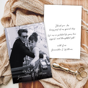 Elegant Script Black White Photo Wedding Thank You Card
