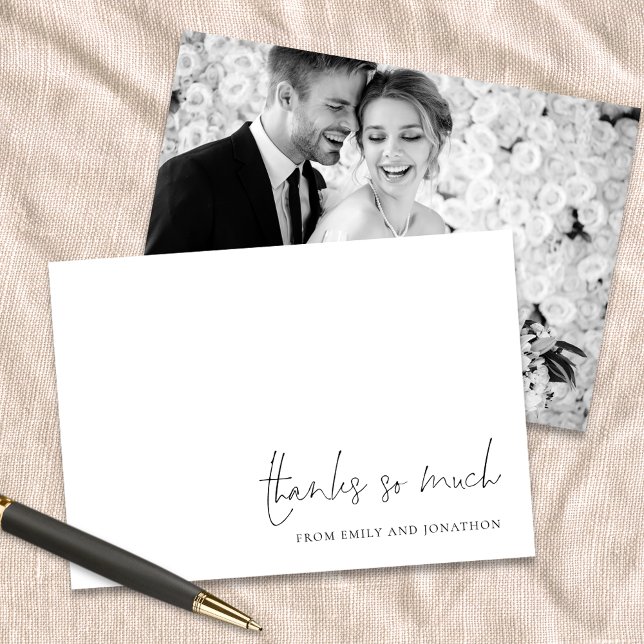 Elegant Script Black White Photo Wedding Thankyou Card (Front and back view)