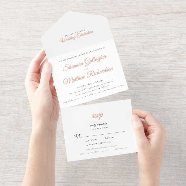 Elegant Script Black White Rose Gold Foil Wedding All In One Invitation (Tearaway)