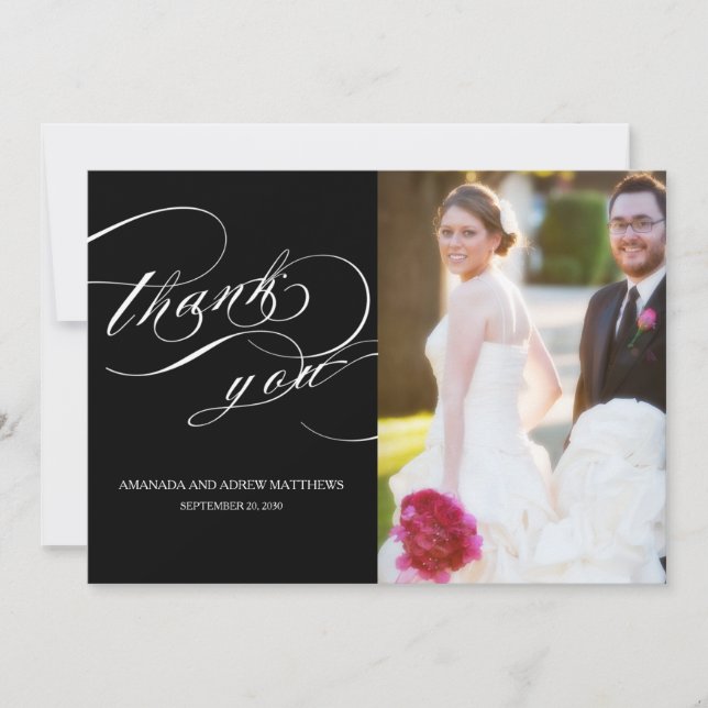 Elegant Script Black White Wedding Photo Thank You Card (Front)