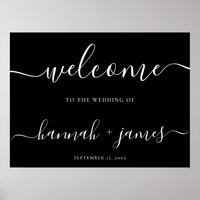 Elegant Script Black White Wedding Welcome Sign (Front)