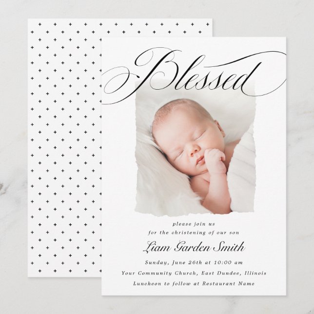 Elegant Script Blessed Christening Baptism Photo I Invitation (Front/Back)