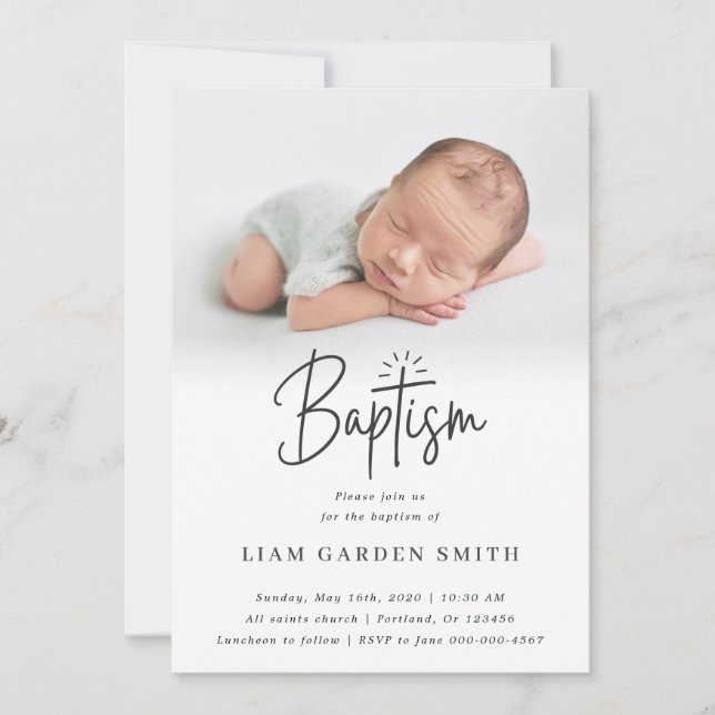 Elegant Script Blessed Christening Baptism Photo   Invitation (Front)