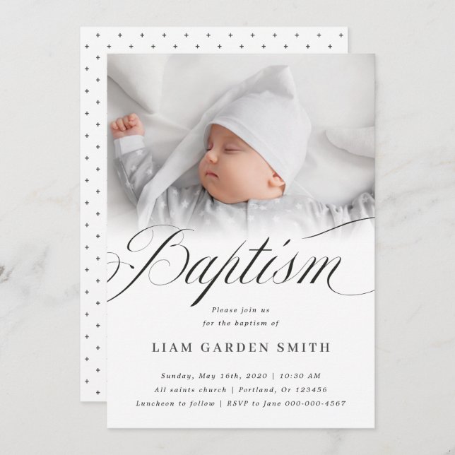 Elegant Script Blessed Christening Baptism Photo   Invitation (Front/Back)