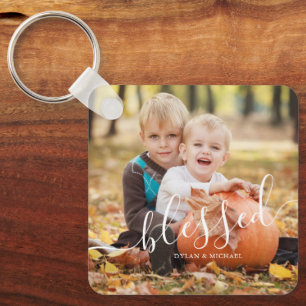 Elegant Script "Blessed" Custom Photo Keychain