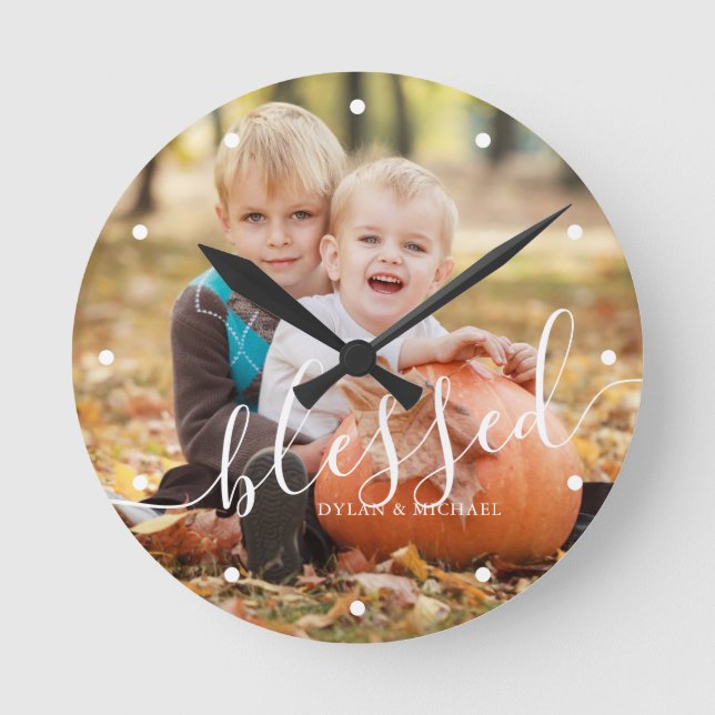 Elegant Script "Blessed" Custom Photo Round Clock (Front)