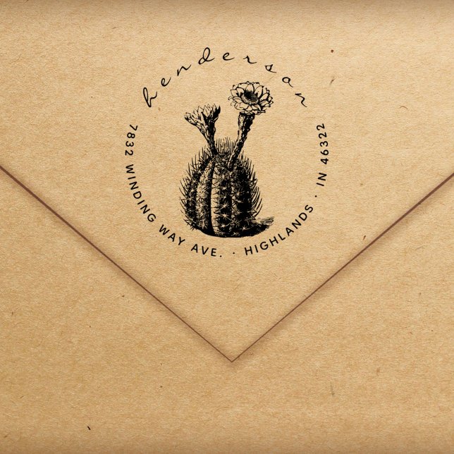 Elegant Script Blooming Cactus Return Address Rubber Stamp (Creator Uploaded)