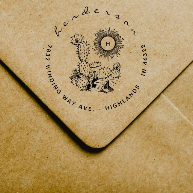 Elegant Script Blooming Cactus Sun Return Address Rubber Stamp (Creator Uploaded)