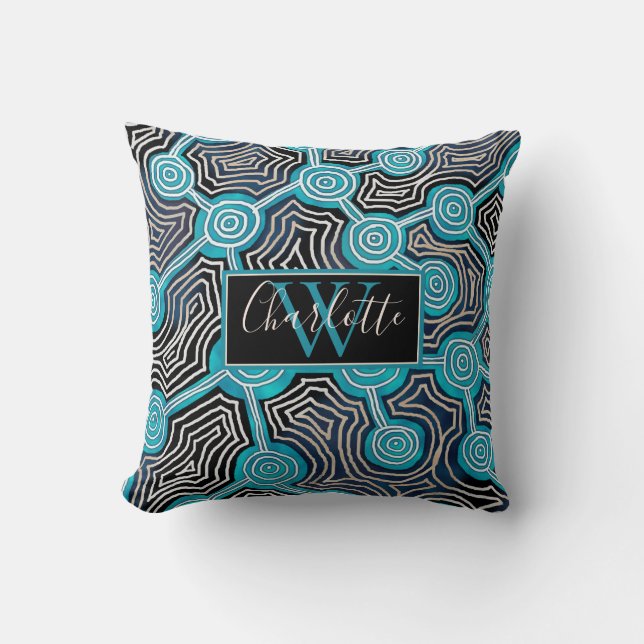 Elegant Script Blue Abstract Monogram Throw Pillow (Front)