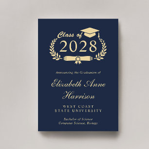 Elegant Script Blue Gold College Graduation Announcement