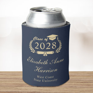 Elegant Script Blue Gold Graduation Can Cooler