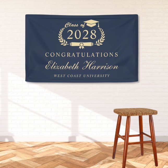 Elegant Script Blue Gold Graduation Party Welcome Banner (Creator Uploaded)
